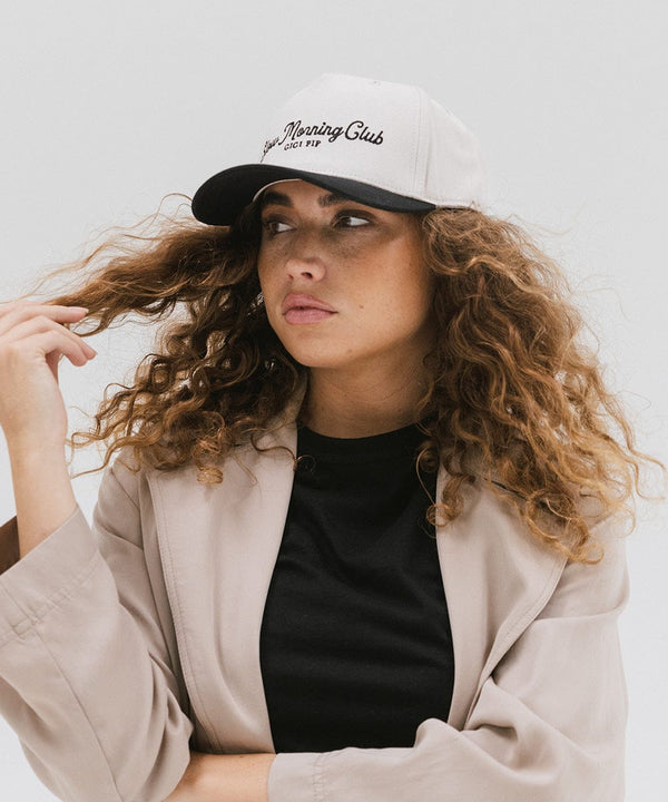 Gigi Pip trucker hats for women - Slow Morning Club Canvas Trucker Hat - 100% cotton canvas w/ cotton sweatband + reinforced from inner panel with 100% plolyester mesh trucker with Slow Morning Club embroidered on the front panel featuring an adjustable back strap [cream-black]