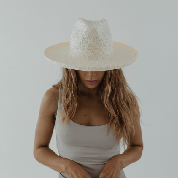 Gigi Pip straw hats for women - Cara Loren Pencil Brim Straw Hat in white, lightweight straw with pencil rolled up edge [white]