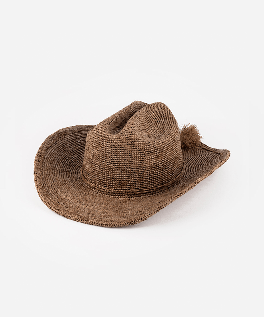 A chocolate colored straw cowboy hat on a white background #color_chocolate