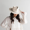 Gigi Pip straw hats for women - Arlo Straw Teardrop Fedora - teardrop crown and a stiff upturned brim, featuring handwoven venting on the crown and the brim, and a hand sewn removable leather band [grey band]