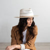 Gigi Pip straw hats for women - Arlo Straw Teardrop Fedora - teardrop crown and a stiff upturned brim, featuring handwoven venting on the crown and the brim, and a hand sewn removable leather band [tan band]