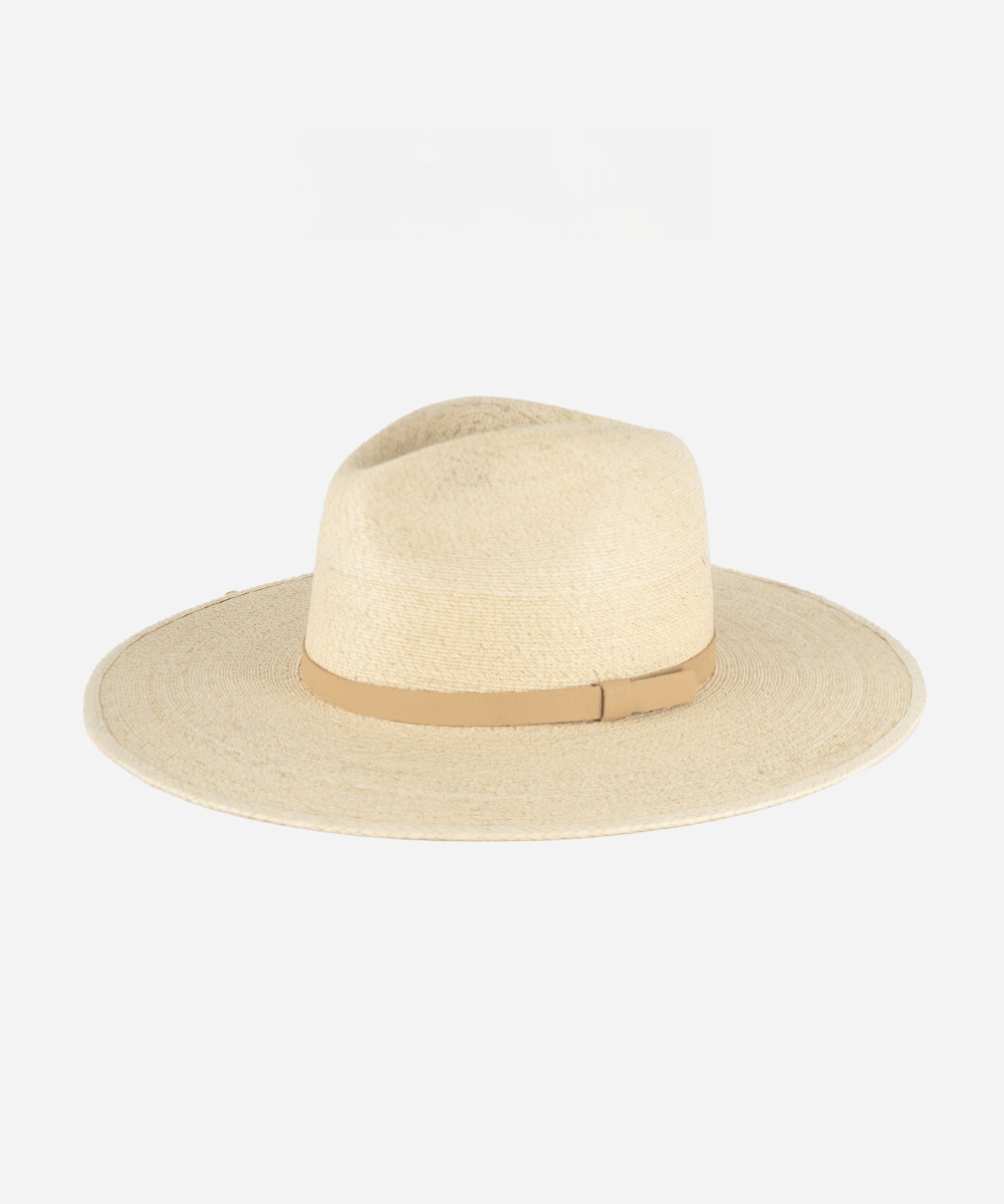 A natural colored wide brim fedora hat with a hat band on a white background #color_natural