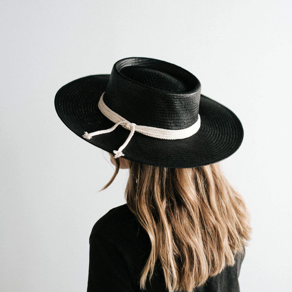 Gigi Pip straw hats for women - Bre Straw Pork Pie - straw hat with a telescope crown and a wide flat brim, featuring a knotted rope band [black]