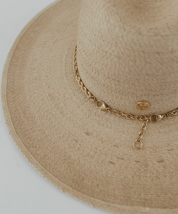 Gigi Pip straw hats for women - Cara Loren Straw Hat bundle in natural toasted color, wide brim fedor with tightly woven Guatemalan palm, includes a gold rope chain band [toasted]