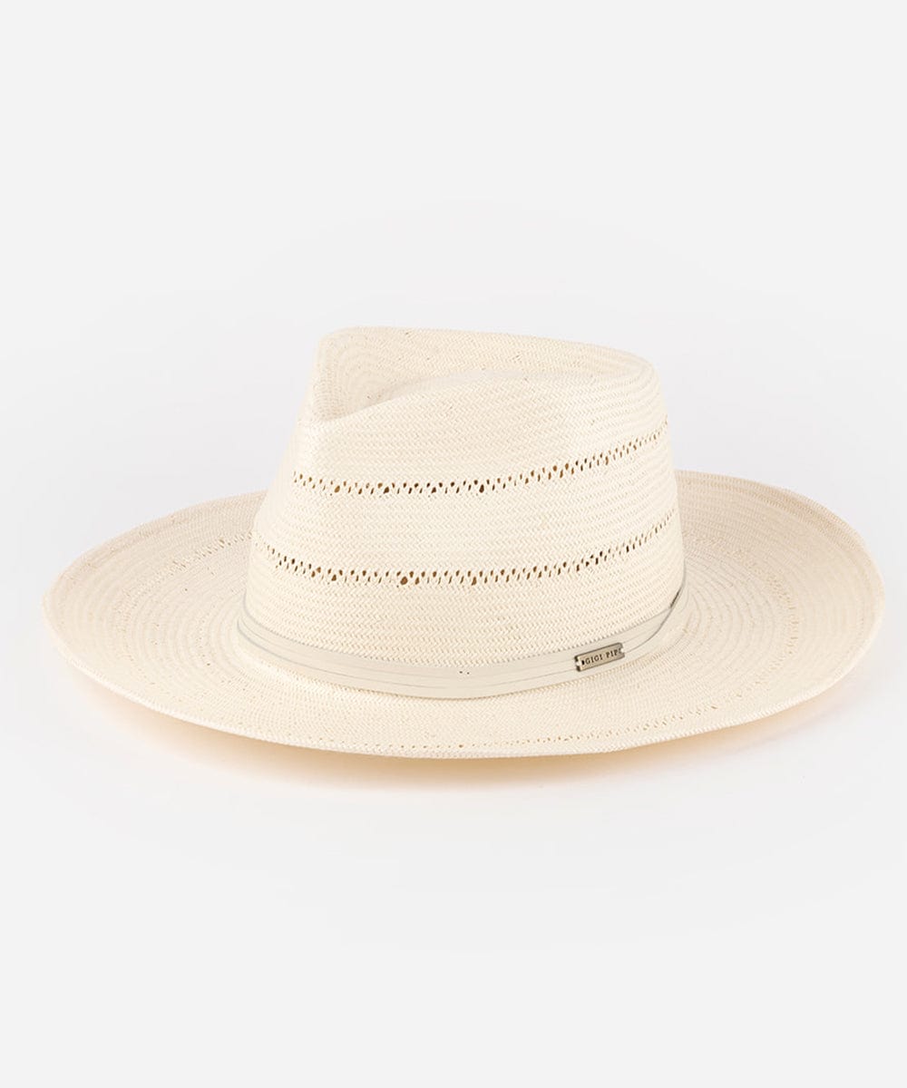 A cream fedora straw hat with a hat band on a white background #color_cream