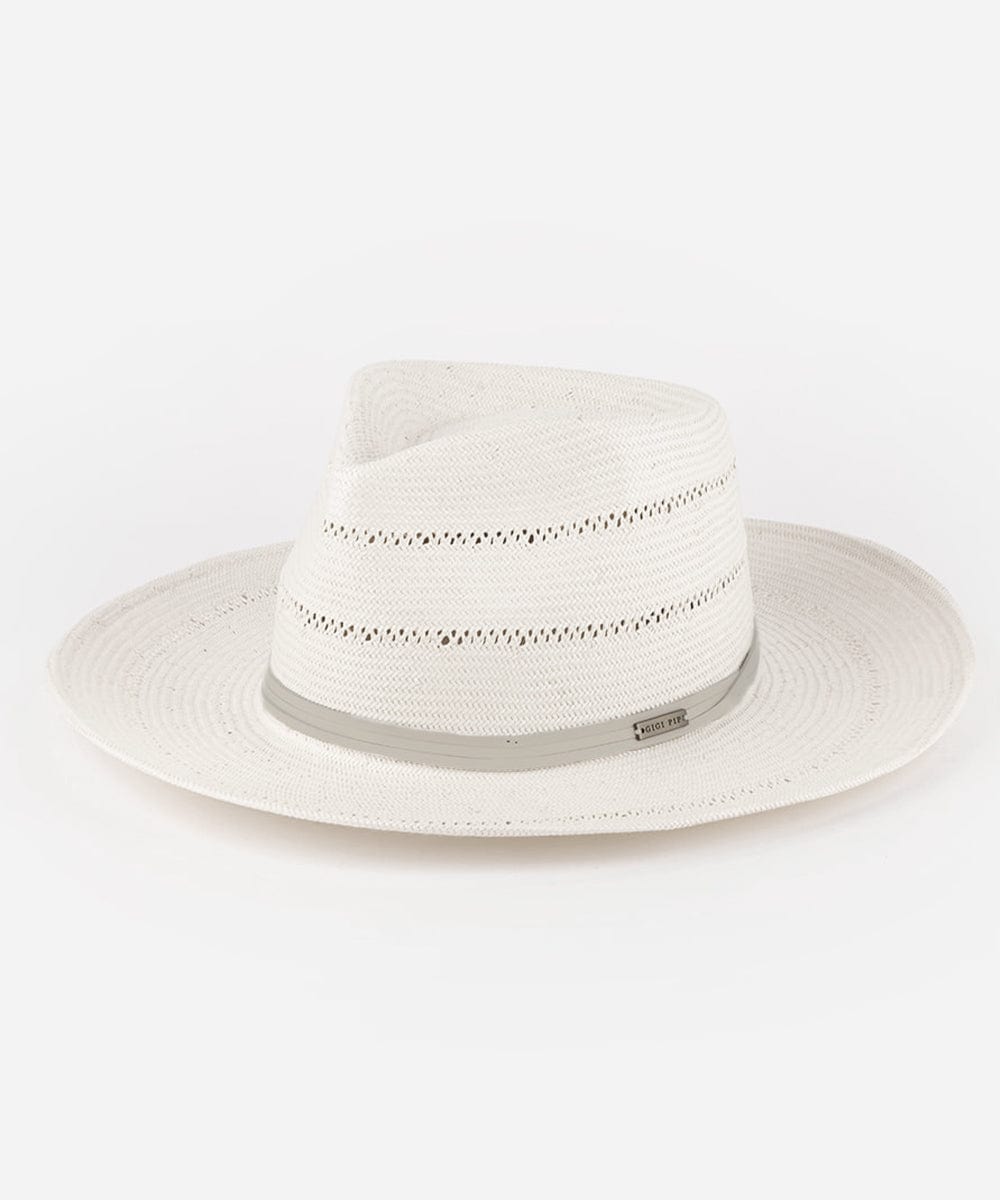 A grey straw fedora hat with a hat band on a white background #color_grey