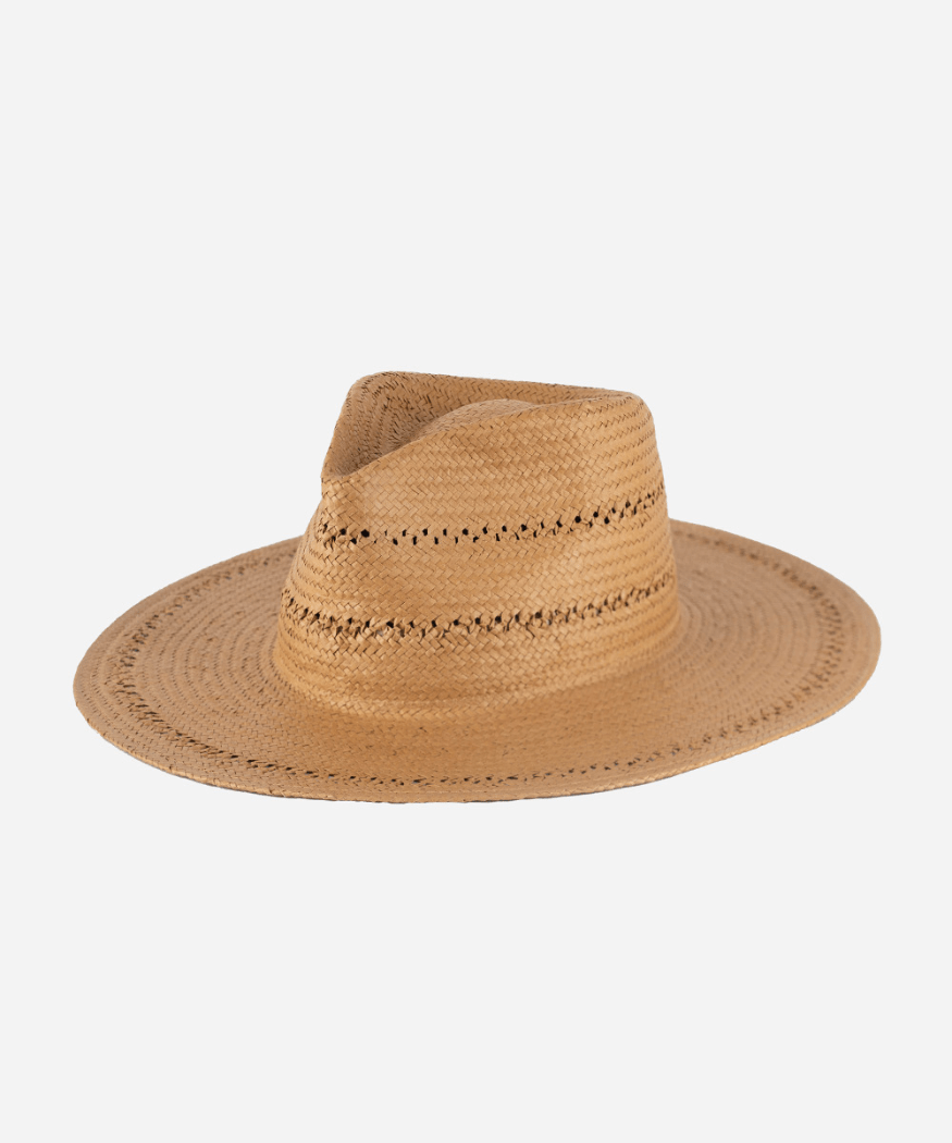 A honey colored teardrop straw fedora hat on a white background #color_honey