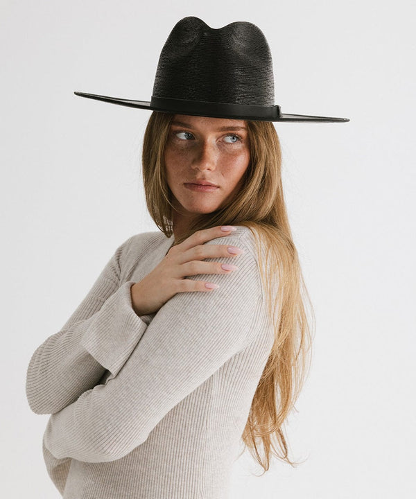 Gigi Pip limited edition hats for women - Blake wide brim fedora - 100% guatemalan palm flat brim straw fedora hat featuring a thin tonal leather band and gp pin on the back in a limited edition black color way [black]