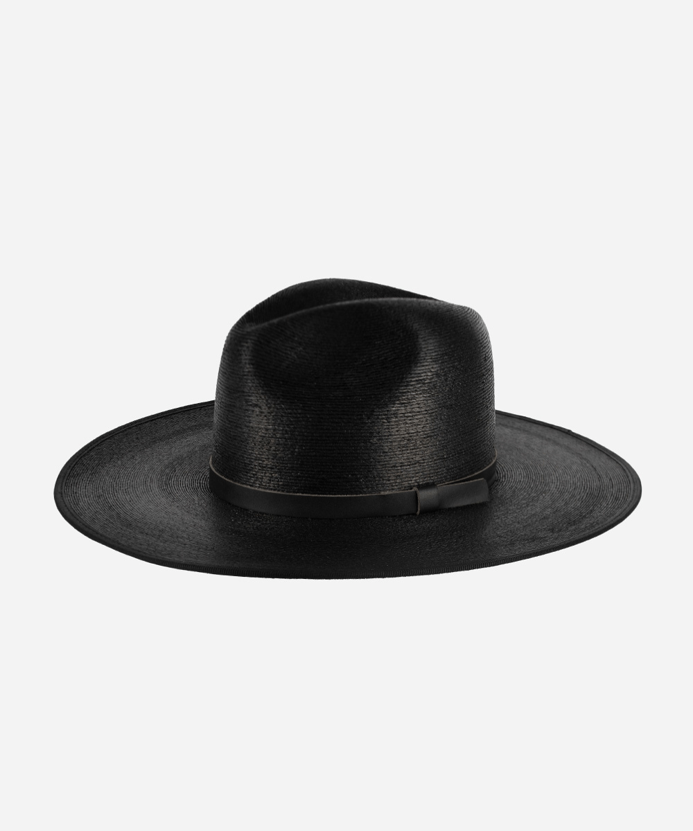 A black wide brim fedora hat with a hat band on a white background #color_limited edition black