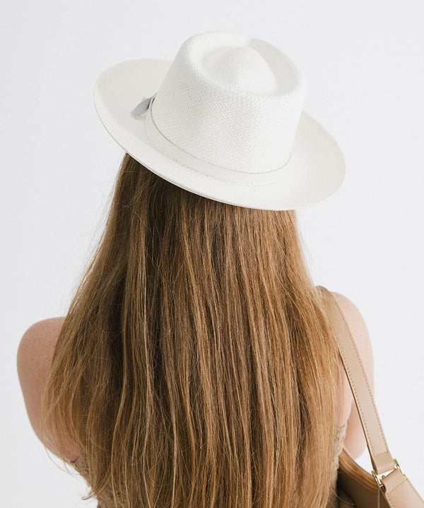 Gigi Pip panama straw for women - Lupe Short Brim Fedora White - a classic fedora crown with a short upturned brim, featuring a genuine leather band with Gigi Pip embossed [white]