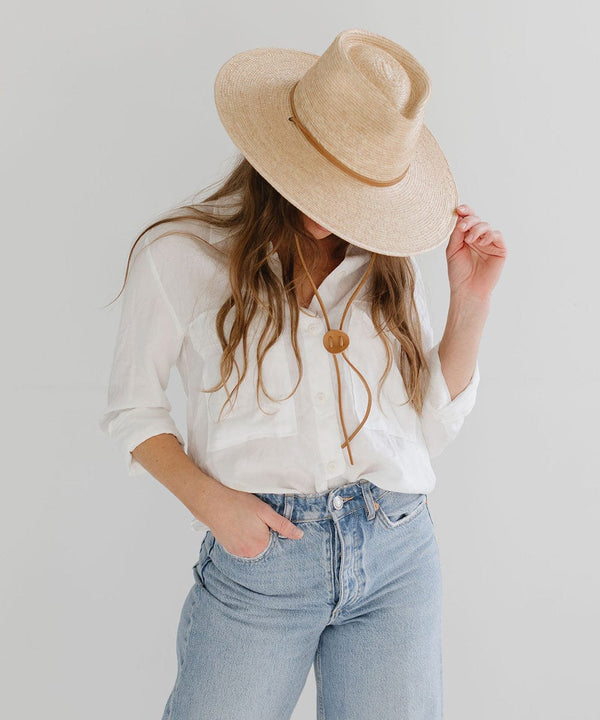 Gigi Pip straw hats for women - River Guatemalan Palm - teardrop lifeguard fedora crown featuring a flat brim trimmed with a leather chinstrap + leather slider [oak]