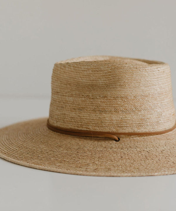 Gigi Pip straw hats for women - River Guatemalan Palm - teardrop lifeguard fedora crown featuring a flat brim trimmed with a leather chinstrap + leather slider [oak]