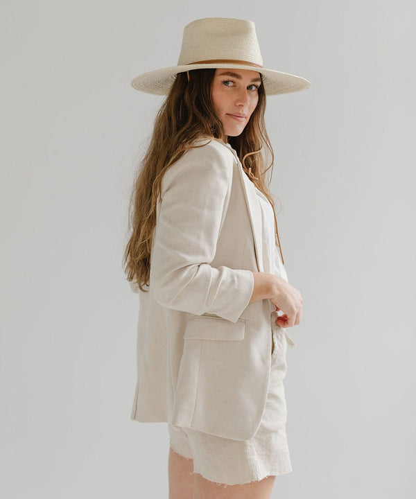 Gigi Pip straw hats for women - River Guatemalan Palm - teardrop lifeguard fedora crown featuring a flat brim trimmed with a leather chinstrap + leather slider [ivory]
