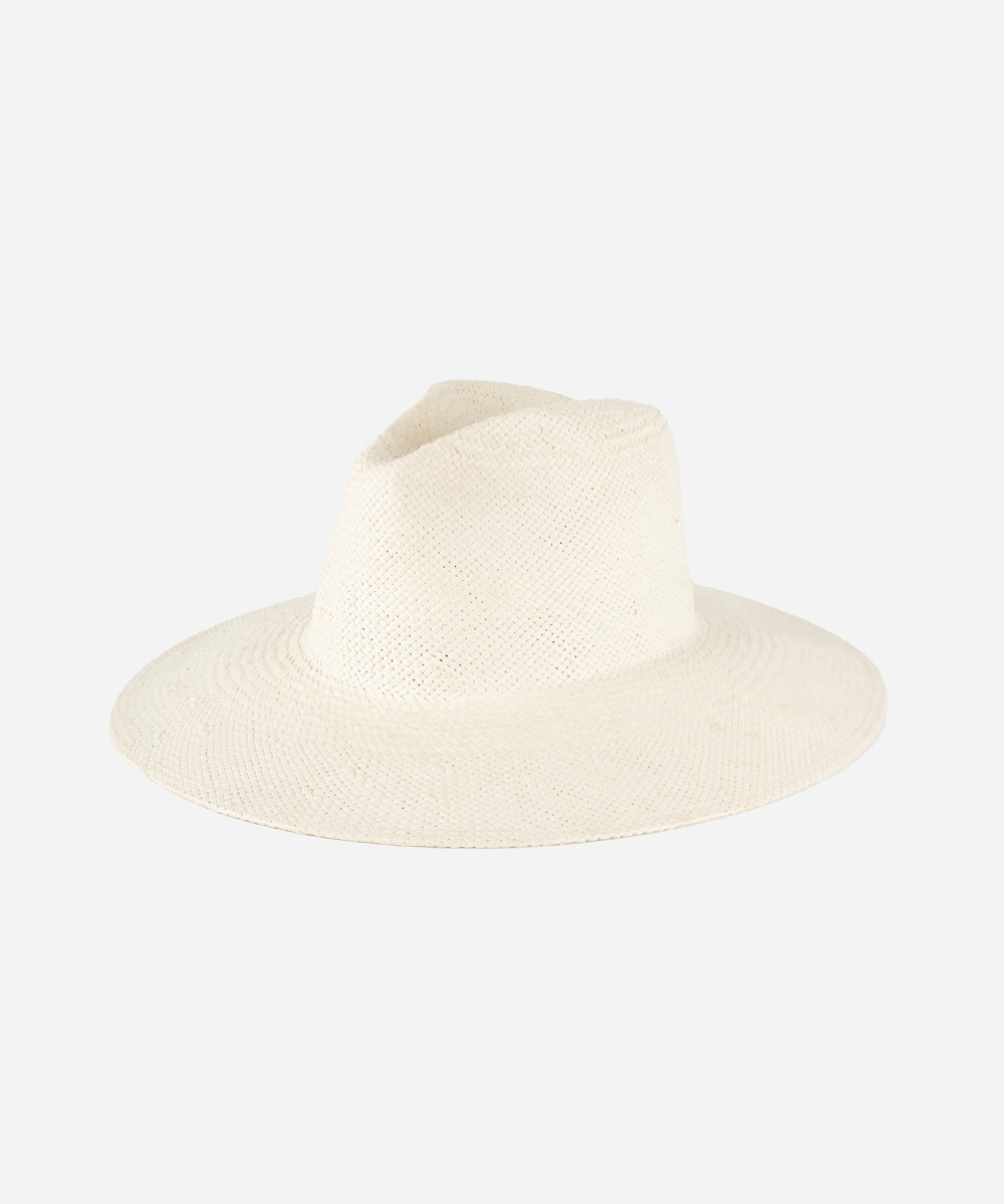 A white wide brim fedora straw hat on a white background #color_white