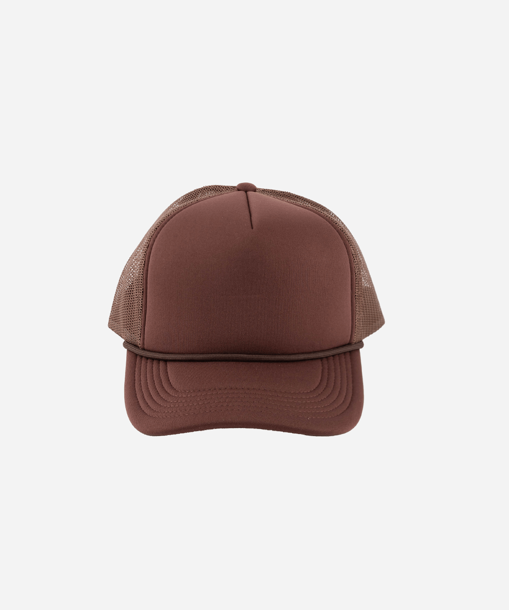 A trucker cap with mesh back on a white background #color_brown