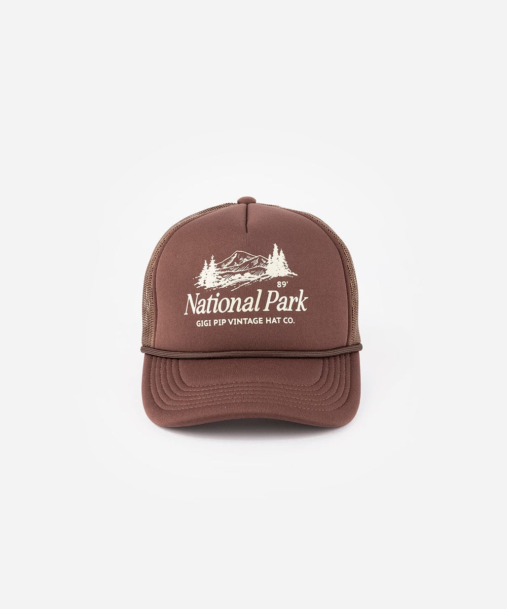 A brown trucker hat with 'National Park' logo on a white background #color_chocolate brown