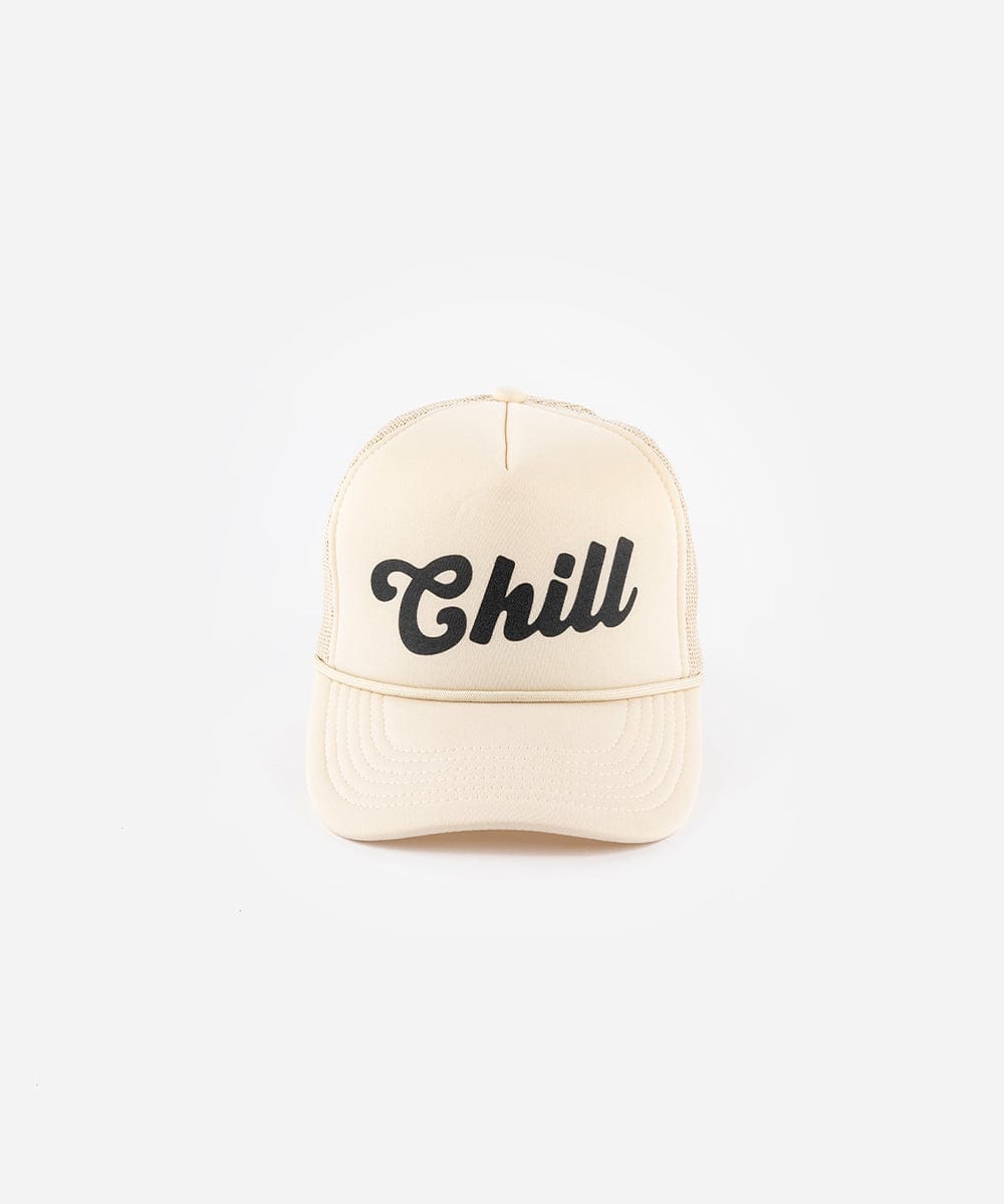 A cream trucker hat with the text 'Chill' on a white background  #color_cream