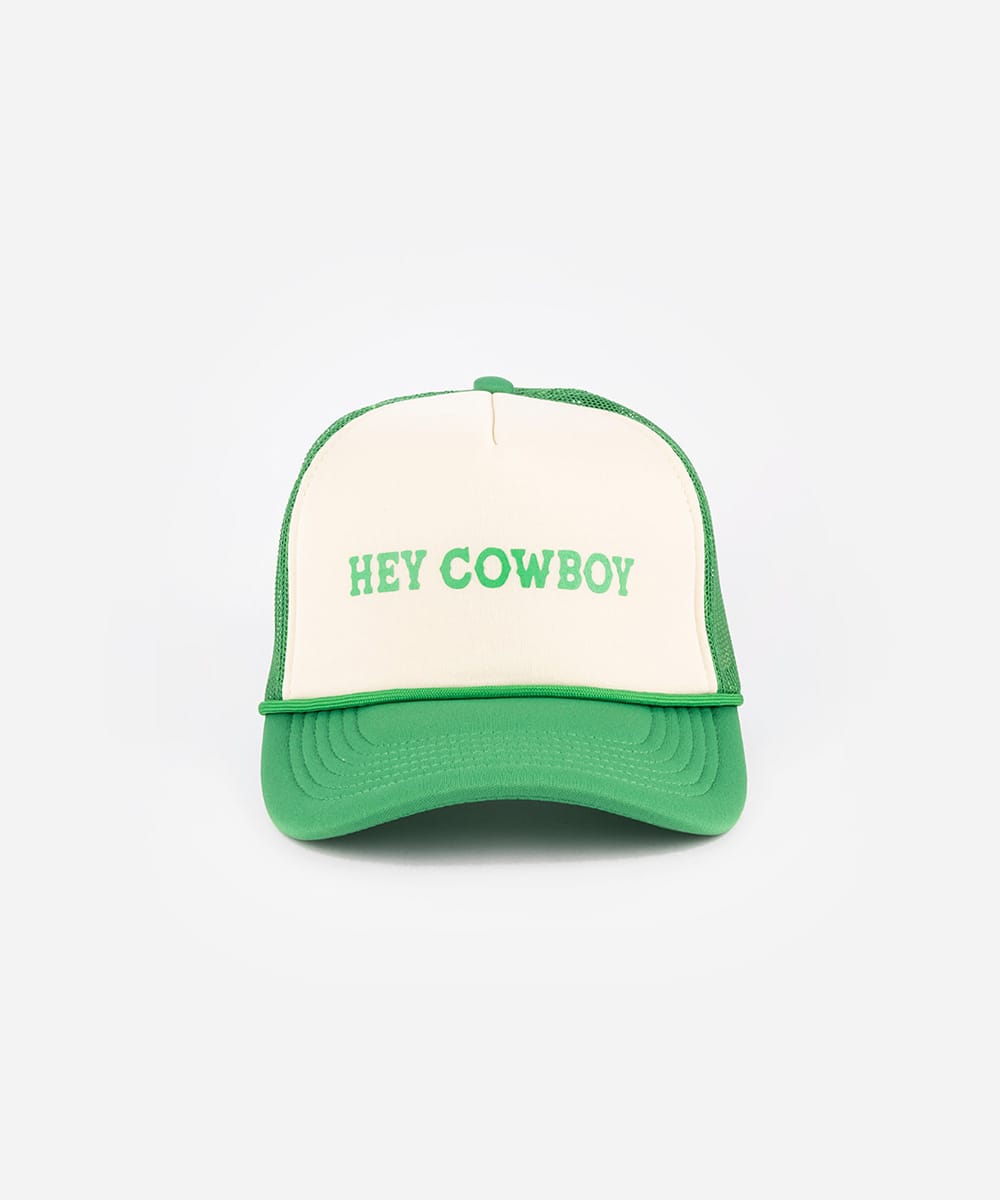 Green and white cap with 'Hey Cowboy' text on a light gray background #color_cream-vintage green