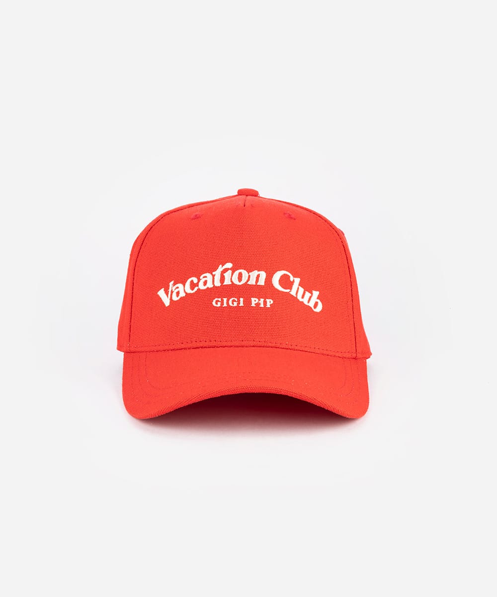Red cap with 'Vacation Club GIGI PIP' text on a white background #color_red