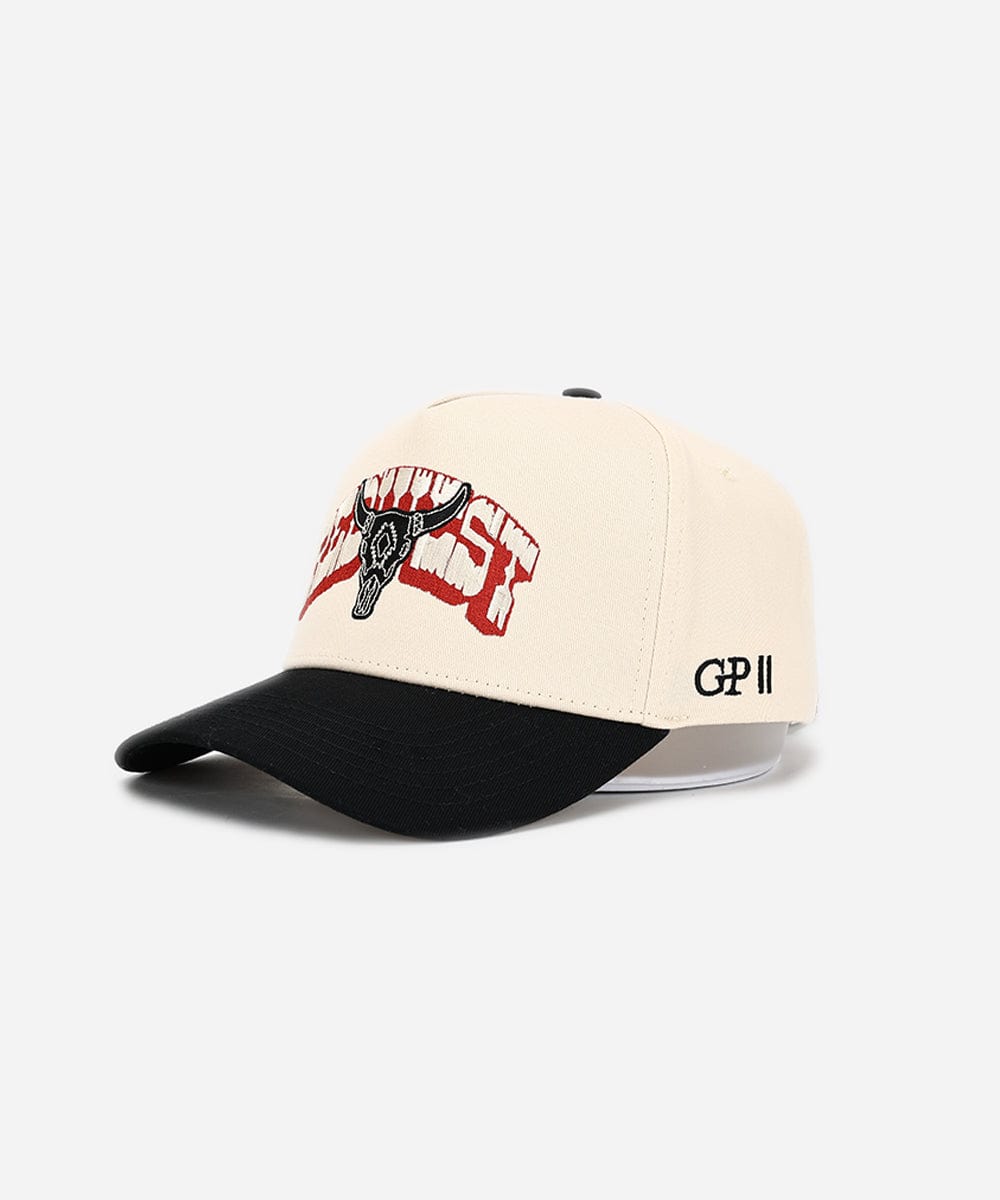 Beige and black cap with red and black logo on a white background #color_cream - black