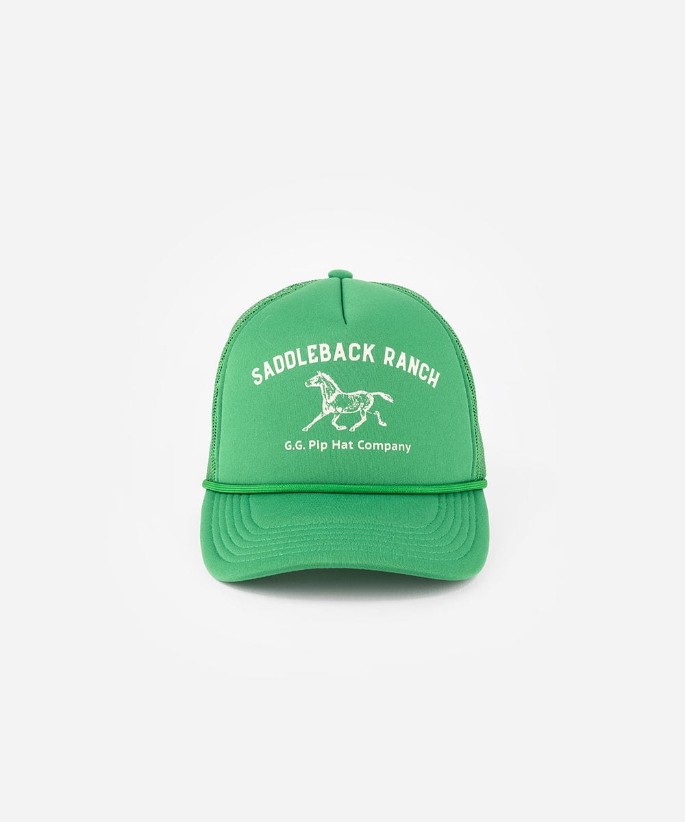 A vintage green colored cap with 'Saddleback Ranch' and 'G.G. Pip Hat Company' text on a white background #color_vintage green
