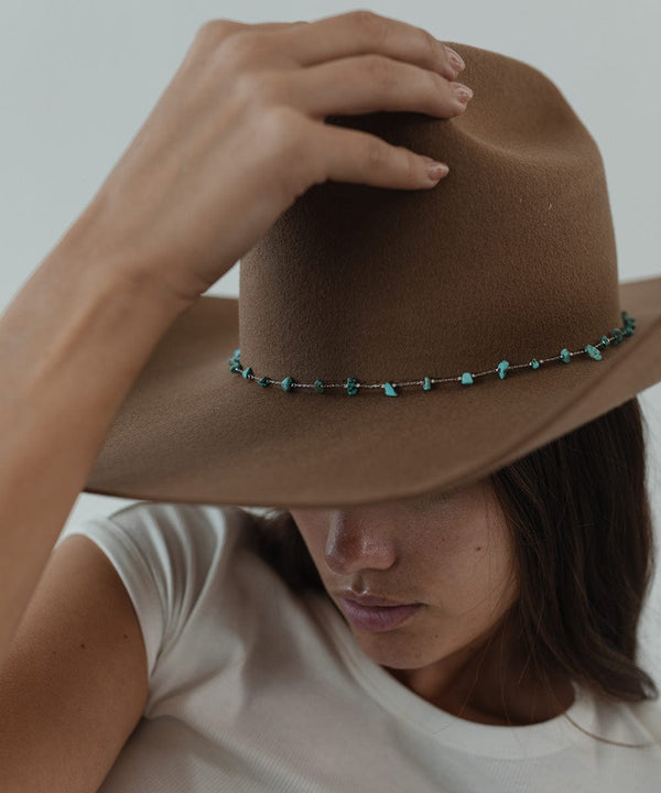 Gigi Pip hat bands + trims for women - Turquoise Stone Band - fine metal + turquoise stone hat band featuring an adjustable chain closure for a customized fit [silver]