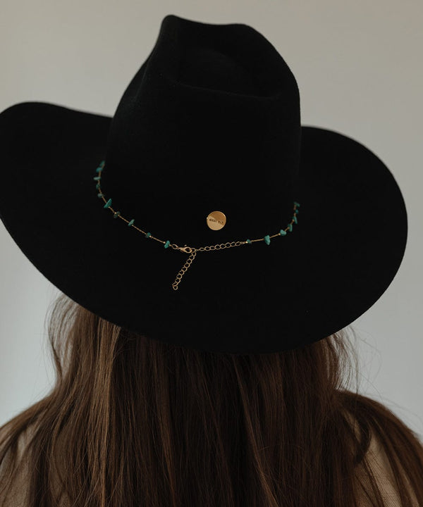 Gigi Pip hat bands + trims for women - Turquoise Stone Band - fine metal + turquoise stone hat band featuring an adjustable chain closure for a customized fit [gold]