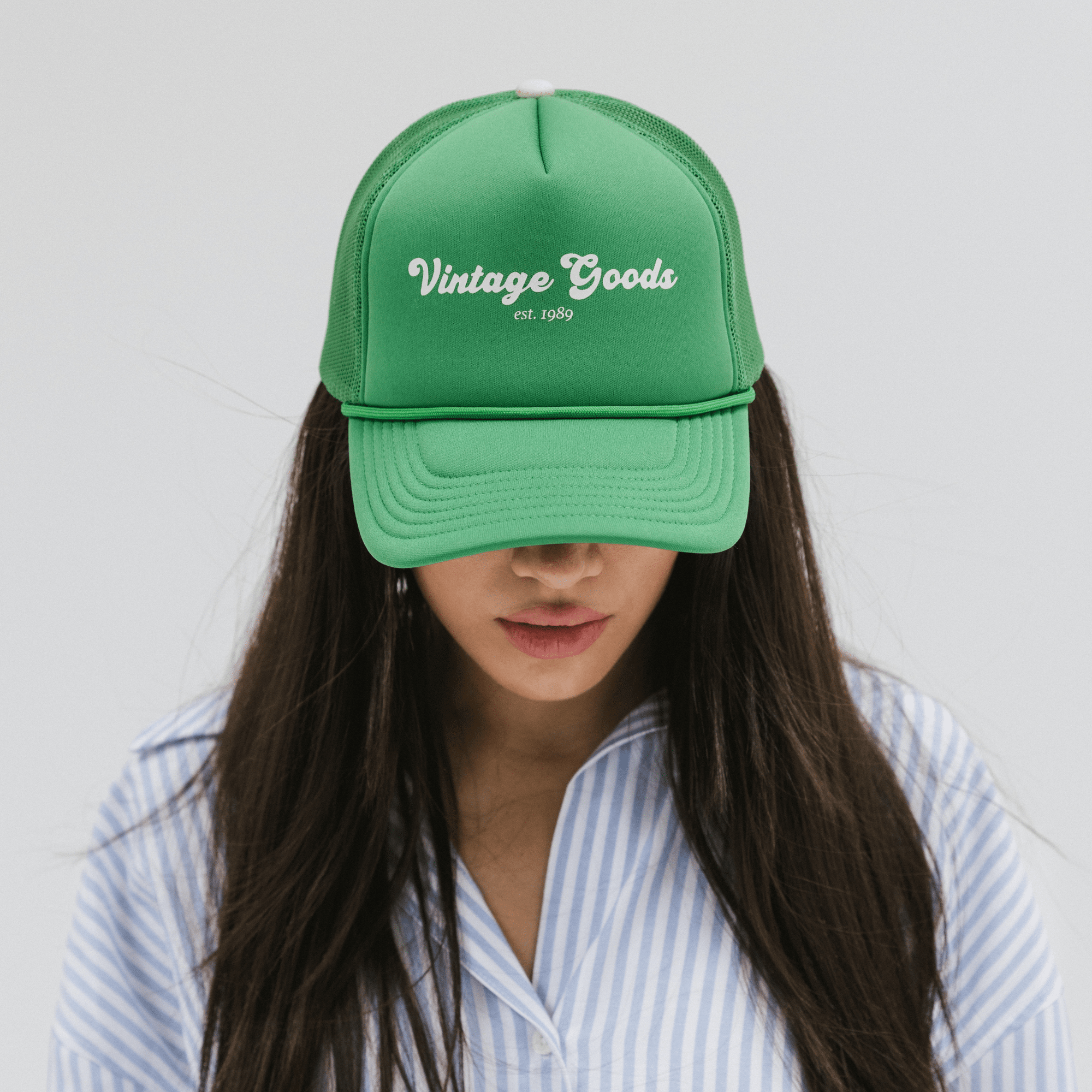 Gigi Pip trucker hats for women - Vintage Goods Foam Trucker Hat - 100% polyester foam + mesh trucker hat with a curved brim featuring the words 