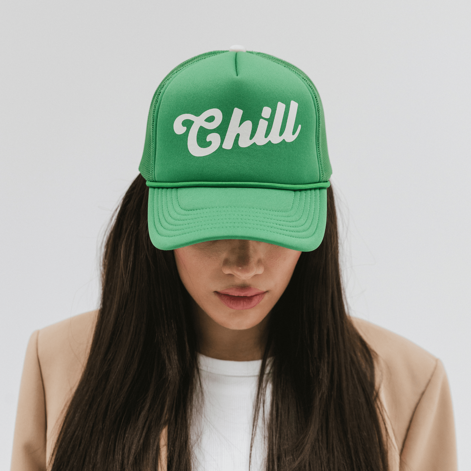 Gigi Pip trucker hats for women - Chill Foam Trucker Hat - 100% polyester foam + mesh trucker hat with a curved brim featuring the word 