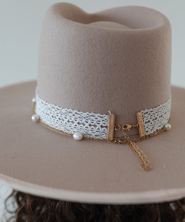 Gigi Pip hat bands + trims for women's hats - Lace Band - lace band with a gold plated metal chain + clasp closure, featuring the Gigi Pip brand etched on the metal detailing to secure the lace [white]