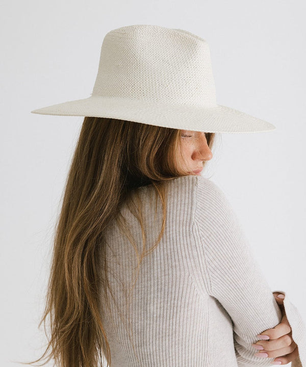 Gigi Pip straw hats for women - Willa A line Wide Brim Fedora - Wide, stiff A-line brim straw fedora hat with a gold circle GP pin on the back [white]