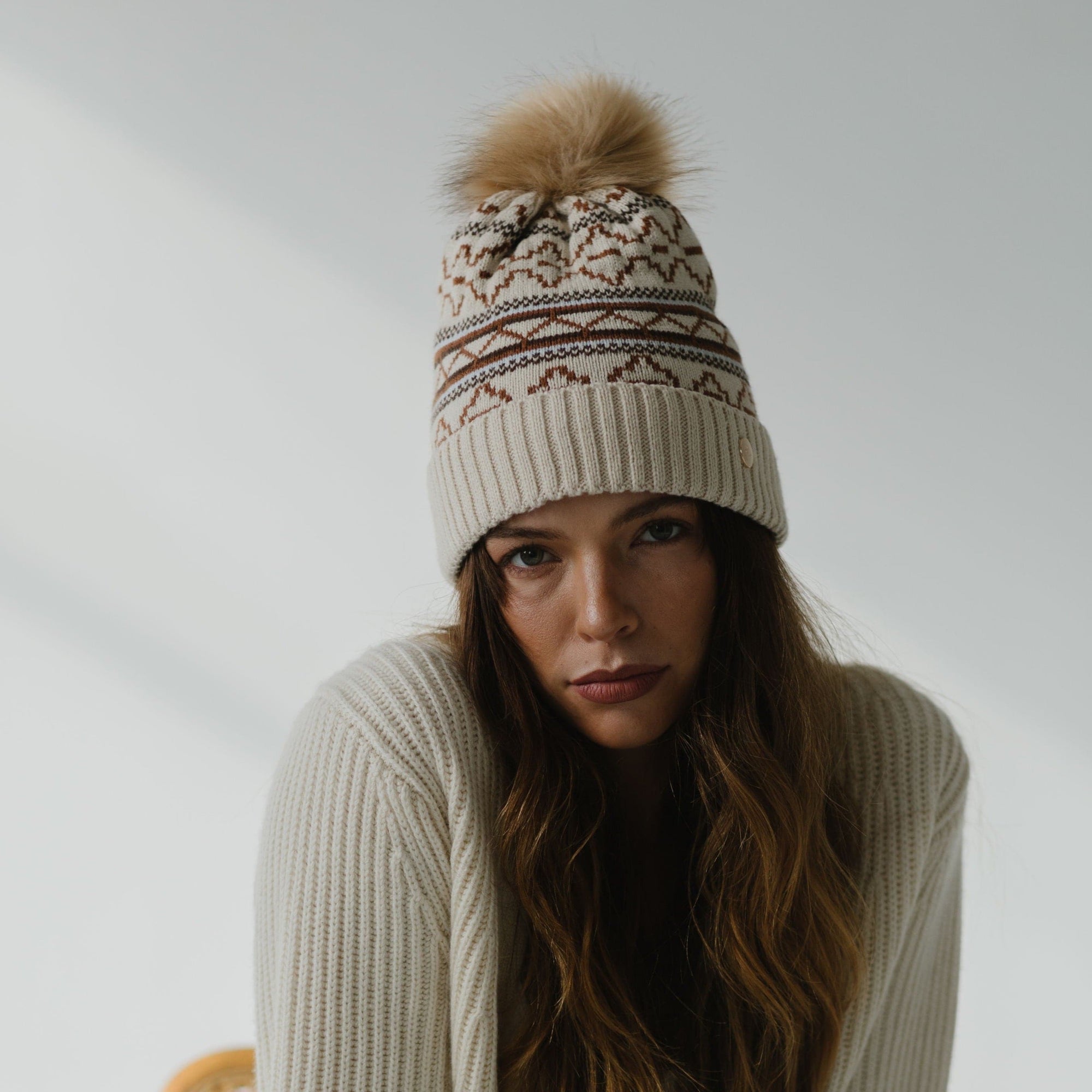 Gigi Pip beanies for women - Aspen Knit Print Beanie - 100% polyester relaxed fit beanie with a knit print and features a pom pom on the top