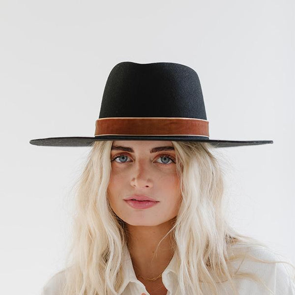 Gigi Pip hat bands + trims for women's hats - Velvet Chain Band - 100% nylon ribbon band with a layer of velvet lining the outside, featuring with Gigi Pip brand near the gold chain clasp [camel]
