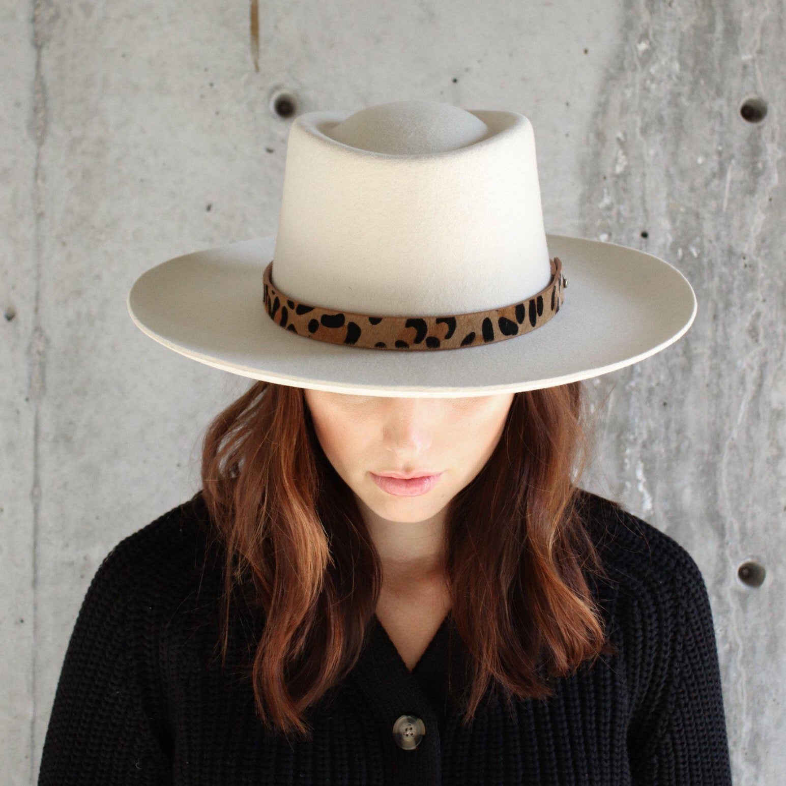 Gigi Pip hat bands + trims for women's hats - Leopard Print Band - 100% genuine leather band with a layer of leopard print faux fur lining the outside and a brass pin to secure around the back of your crown [tan]