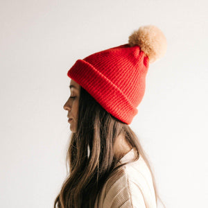 GIGI PIP Hats for Women- Dylan Beanie - Red with Tan Pom-Beanie