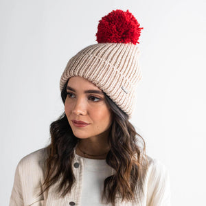 GIGI PIP Hats for Women- Emery Beanie - Oatmeal with Red Pom-Beanie