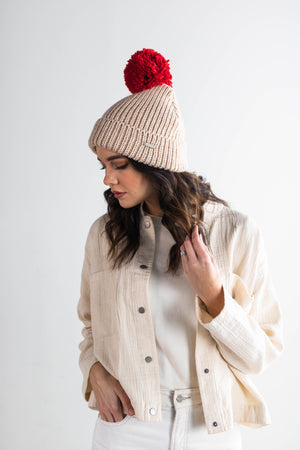 GIGI PIP Hats for Women- Emery Beanie - Oatmeal with Red Pom-Beanie