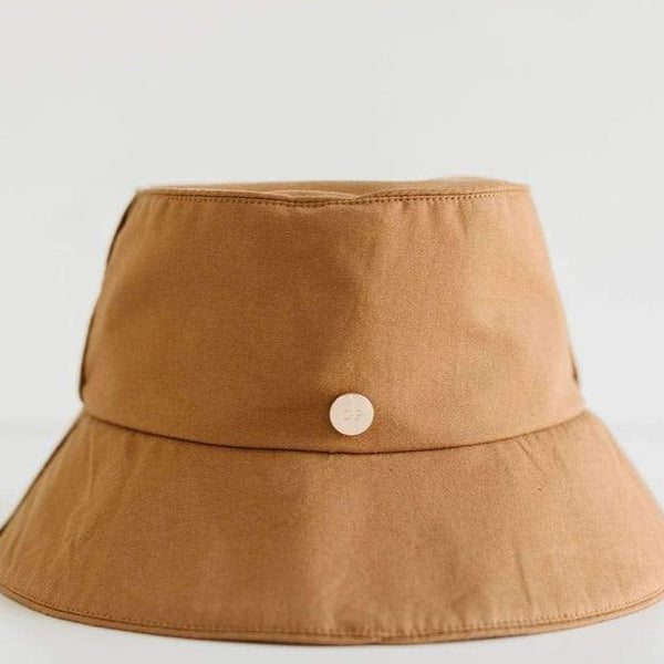 Gigi Pip bucket hats for women - Rylee Bucket Hat - 100% cotton bucket hat with a silk inner liner and an adjustable sweatband, featuring a gold Gigi Pip pin on the back of the crown [brown]