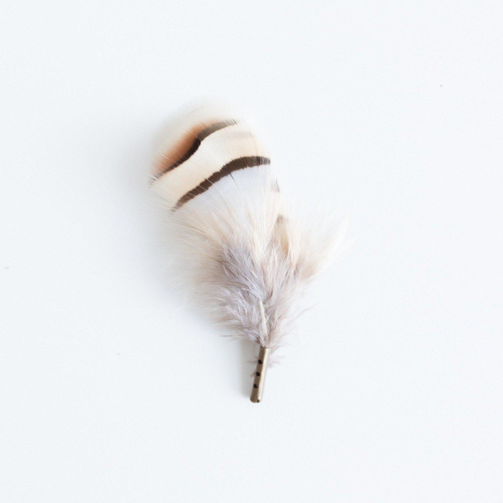 Gigi Pip hat bands + trims for women's hats - Grey + Cream Feather - 8 cm multi-toned feather add-on with grey, taupe, brown + white notes that slides into any hat band and fits snug against your crown for extra personalization [grey + cream]