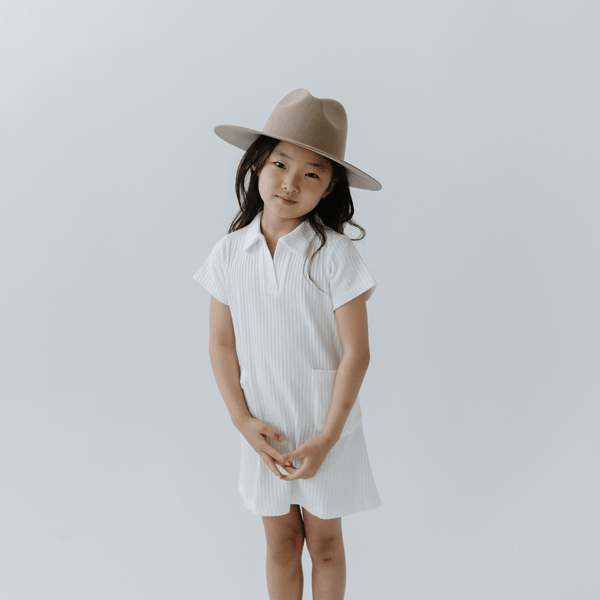 Gigi Pip felt hats for kids - Kids Emma Wide Brim Fedora - classic fedora crown with a stiff, a-line brim [tan]
