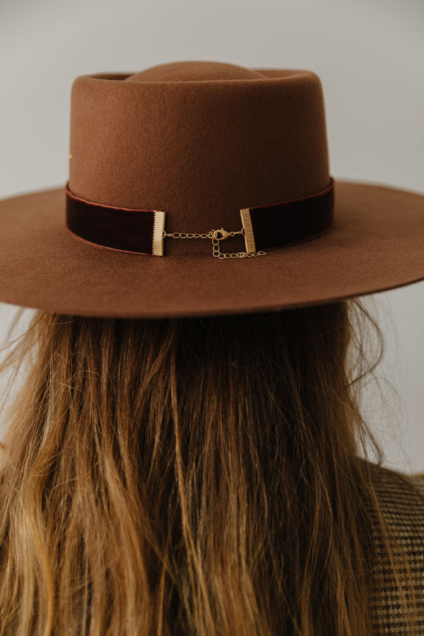 Gigi Pip felt hats for women - Linden Boater - telescope boater crown with a flat brim and three gold plated metal studs [dark oak]