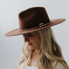 Gigi Pip felt hats for women - Raine Wide Brim Fedora - wide flat brim with a fedora crown, featuring a gold-plated removable paperclip brass chain with three faux pearls and a hand-sewn grosgrain band with the gold Gigi Pip bar around the crown, as well as a removable golden chain chinstrap [dark oak]