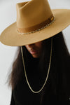 Gigi Pip felt hats for women - Raine Wide Brim Fedora - wide flat brim with a fedora crown, featuring a gold-plated removable paperclip brass chain with three faux pearls and a hand-sewn grosgrain band with the gold Gigi Pip bar around the crown, as well as a removable golden chain chinstrap [honeycomb]