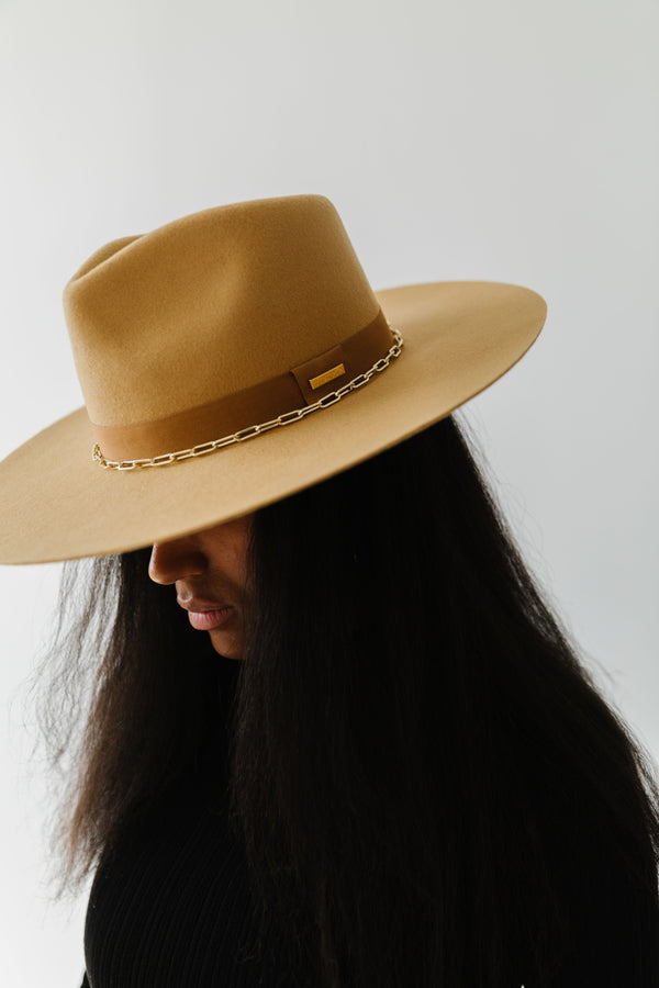 Gigi Pip felt hats for women - Raine Wide Brim Fedora - wide flat brim with a fedora crown, featuring a gold-plated removable paperclip brass chain with three faux pearls and a hand-sewn grosgrain band with the gold Gigi Pip bar around the crown, as well as a removable golden chain chinstrap [honeycomb]
