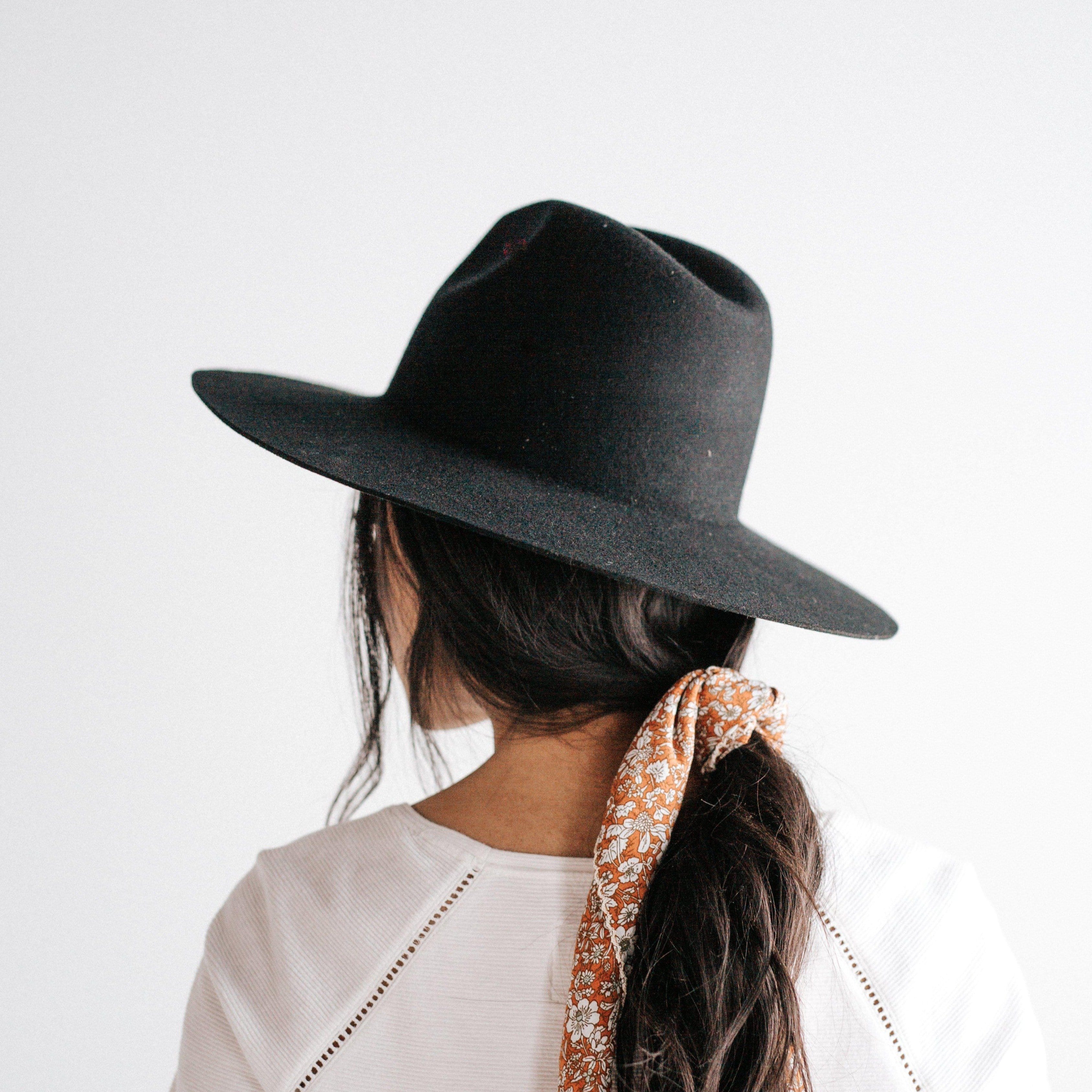 Woman wearing a black wide brim fedora hat and a white top, looking sideways against a plain background #color_black