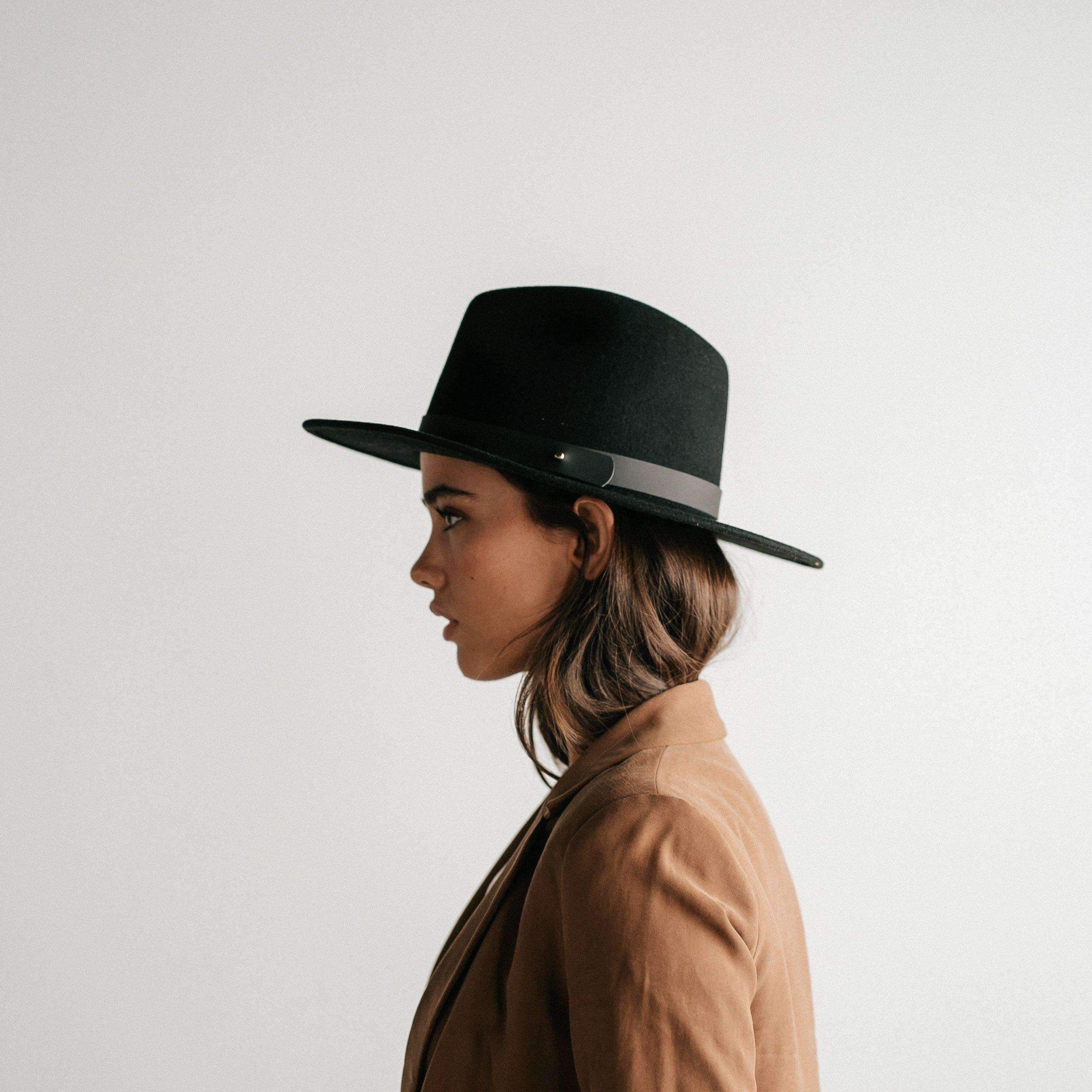 Black Fedora Hat with Brown Band Moda | Black Flat Brim Wool Fedora Hat With Vegan Leather  main image 4