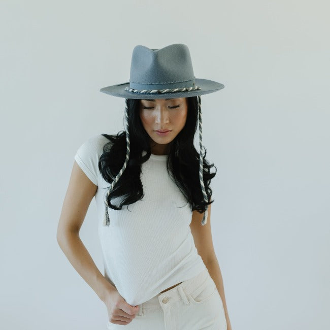 Gigi Pip felt limited edition hats for women - LE 16  - Denim Daydreams denim blue zephyr fedora featuring a distressed rope detail wrapped around the crown in an exclusive, limited edition design [denim]