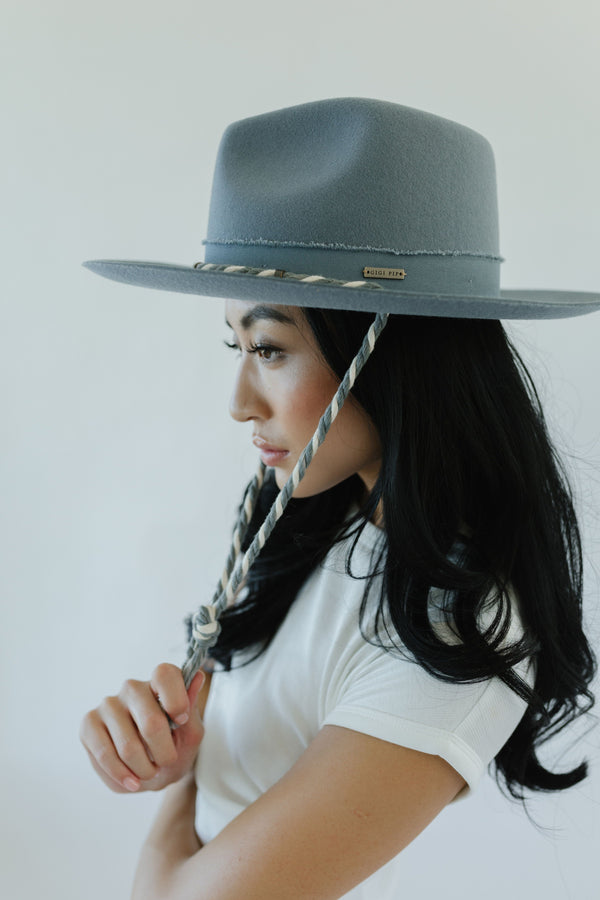 Gigi Pip felt limited edition hats for women - LE 16  - Denim Daydreams denim blue zephyr fedora featuring a distressed rope detail wrapped around the crown in an exclusive, limited edition design [denim]