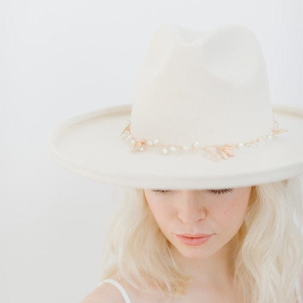Gigi Pip hat bands + trims for women's hats - Fleur Band - a gold metal band featuring faux pearls, faux gems, gold leaves and our signature gold Gigi Pip/xx pendant, with a grosgrain ribbin to secure [gold]