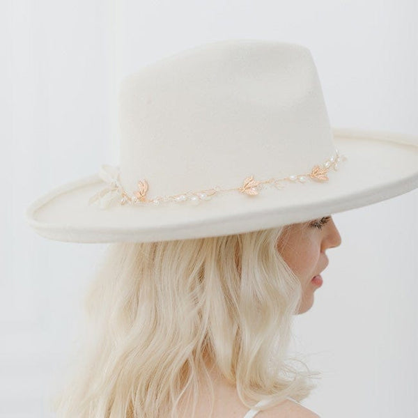 Gigi Pip hat bands + trims for women's hats - Fleur Band - a gold metal band featuring faux pearls, faux gems, gold leaves and our signature gold Gigi Pip/xx pendant, with a grosgrain ribbin to secure [gold]